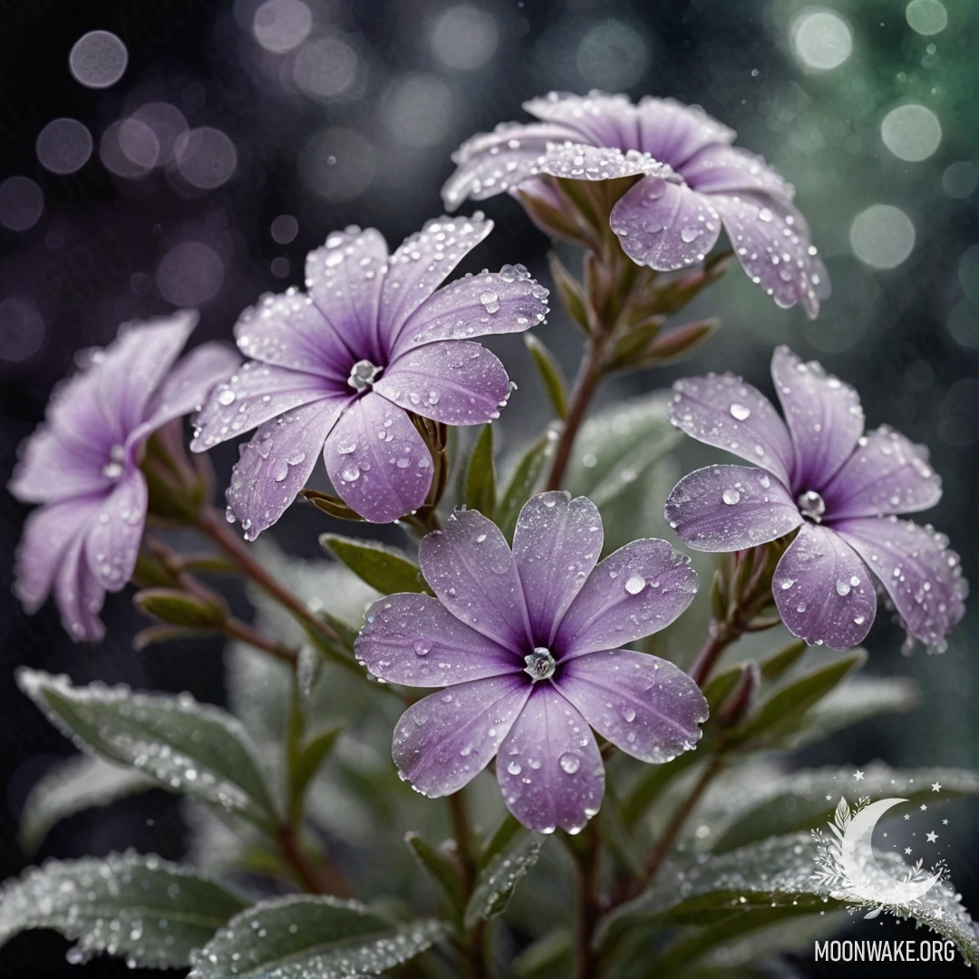 A delicate phlox flower covered in frost, shimmering under the night sky with a sage green hue.