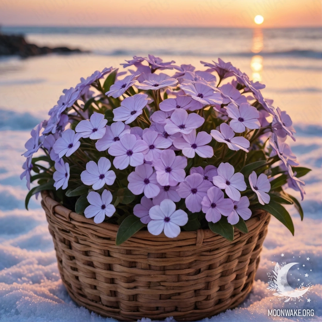 Sweet Phlox in Frost at Sunset A basket filled with sweet phlox flowers, covered in frost, with a sunset backdrop in sea wave colors.