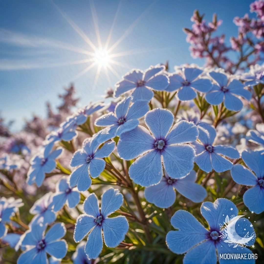 A delicate scene of sweet phlox flowers in frost with sun rays.