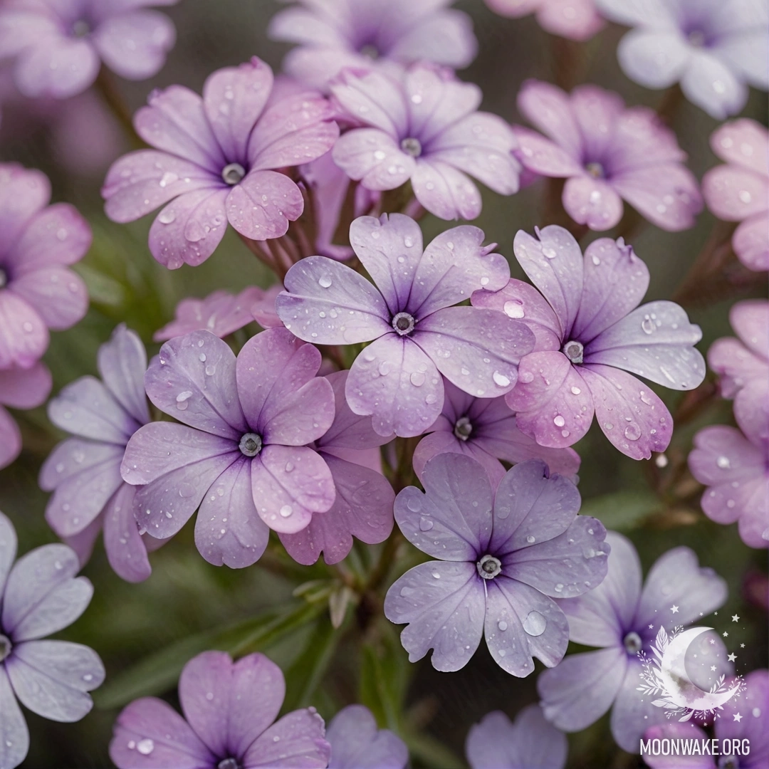 A delicate watercolor painting of pastel-colored phlox flowers surrounded by mist and sparkling sequins.