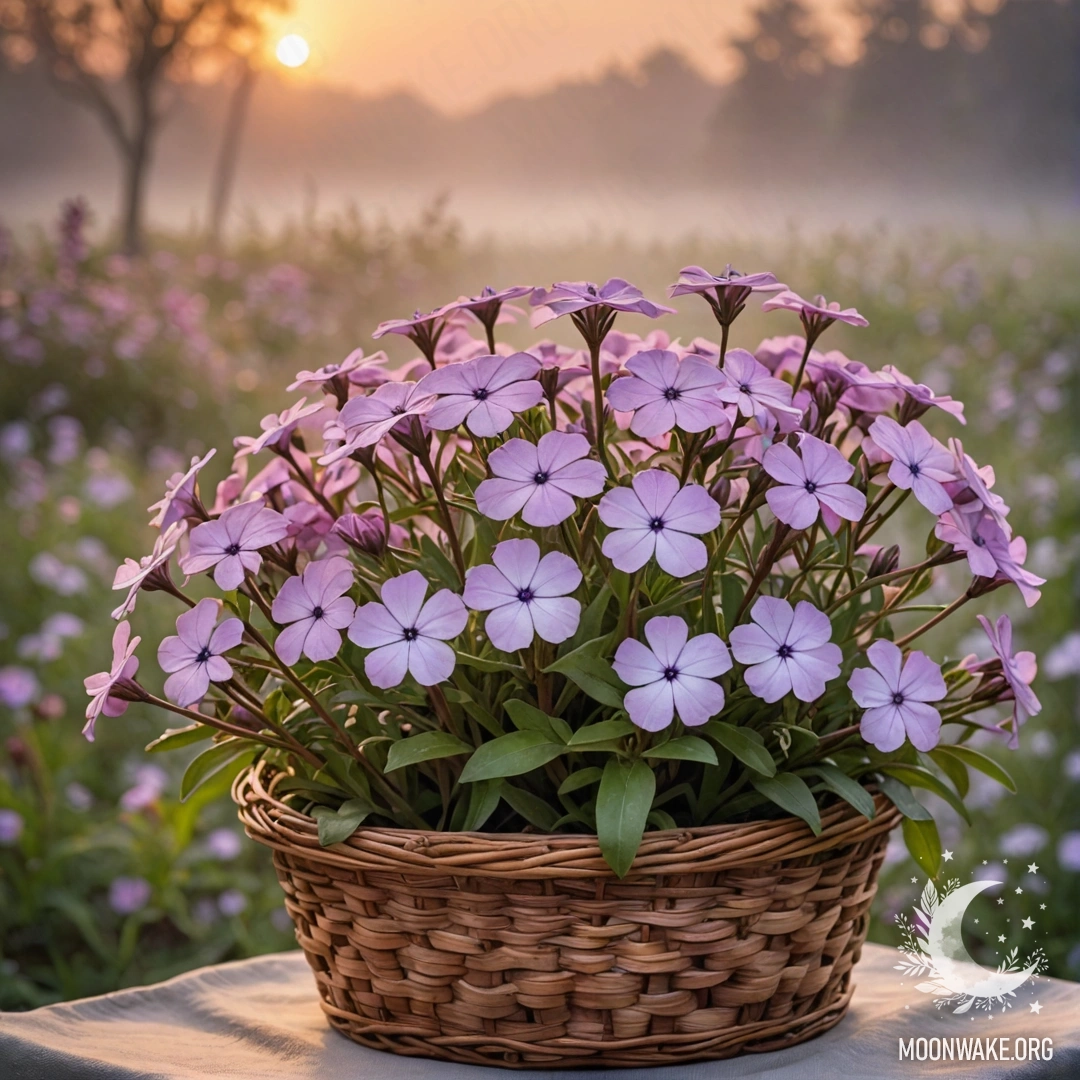 Sweet Phlox in the Fog at Sunset A basket filled with sweet phlox flowers in a foggy sunset atmosphere.