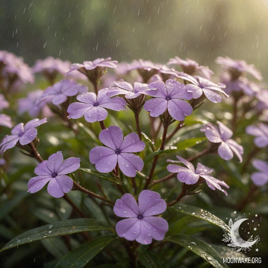 Sweet Phlox in the Mist A delicate phlox flower surrounded by mist and rain, with sunny rays illuminating the scene.