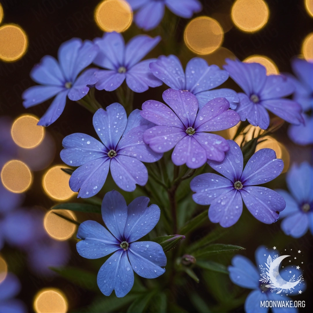 Sweet Phlox Under the Night Sky A close-up of blue sweet phlox flowers scattered with sequins in a nighttime setting.