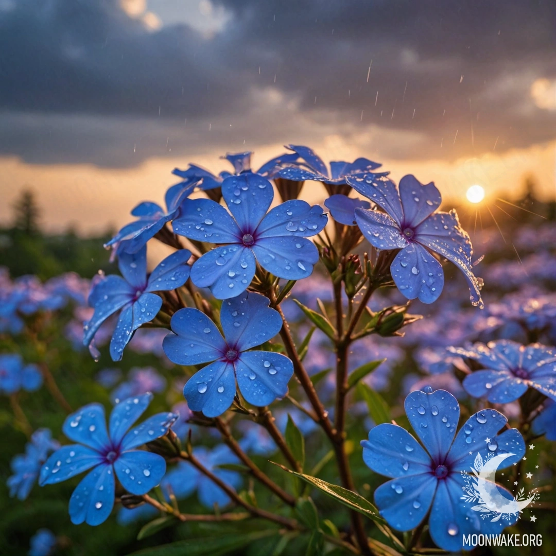 Sweet Phlox Under Rain at Sunset Blue phlox flowers gently drenched in rain against a sunset sky.