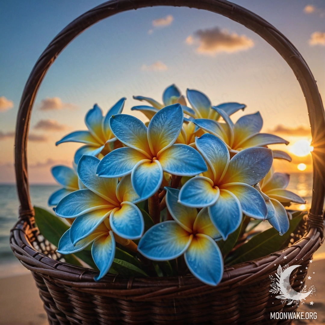 A blue basket contains a sweet plumeria flower and a web at sunset.