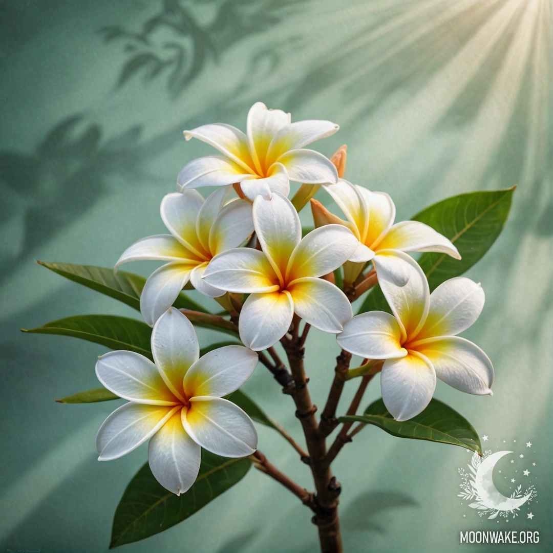 A gentle plumeria flower shrouded in fog, illuminated by sunlight.