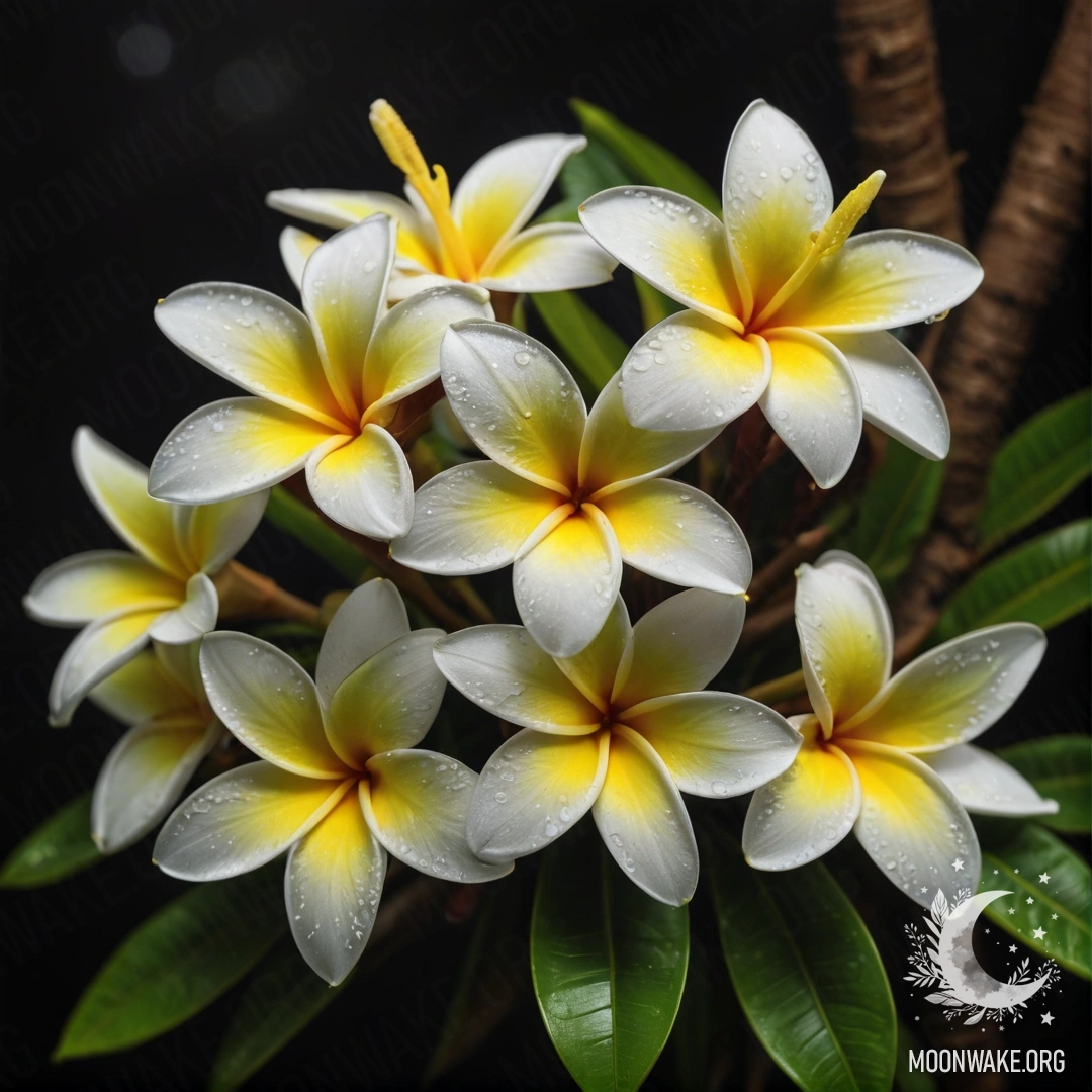 A bouquet of sweet plumeria flowers adorned with a web under the night sky, featuring lime color splash accents.