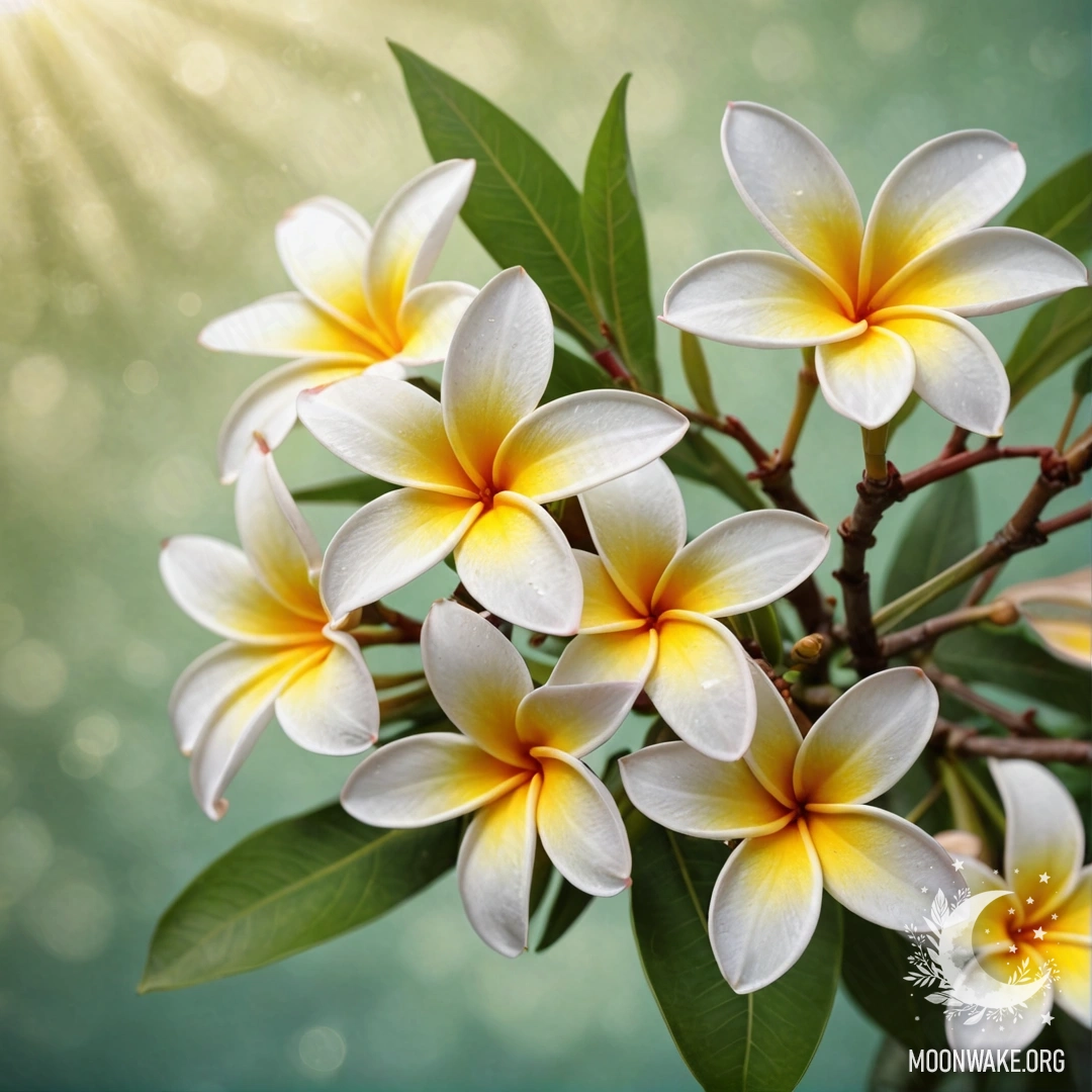 A beautiful sweet plumeria flower with rays of sunlight and Japanese calligraphy on a sage green background.