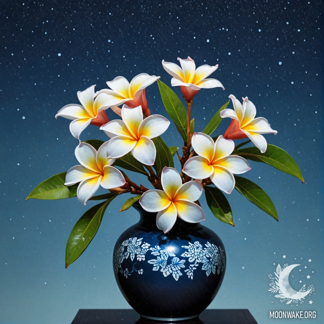 A serene image of sweet plumeria flowers in a sky blue vase under rain at night.