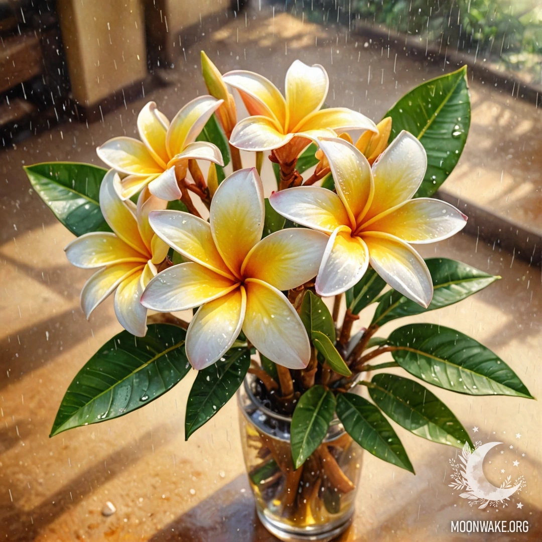 A golden vase holds a sweet plumeria flower under the rain with sunny rays illuminating the scene.