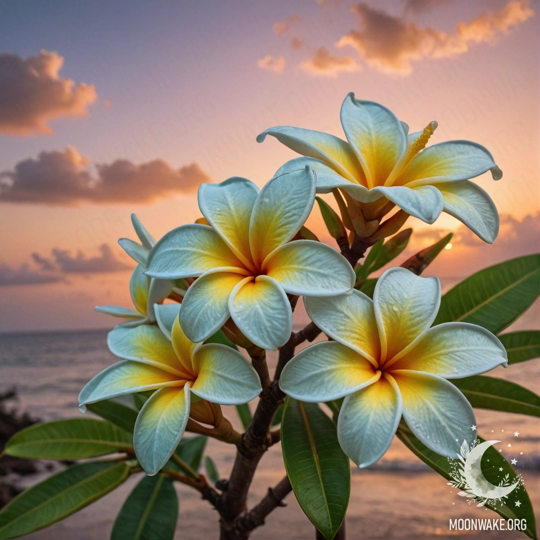Sweet Plumeria with Sunset Web A delicate sweet plumeria flower with a web in the background of a mint sunset.