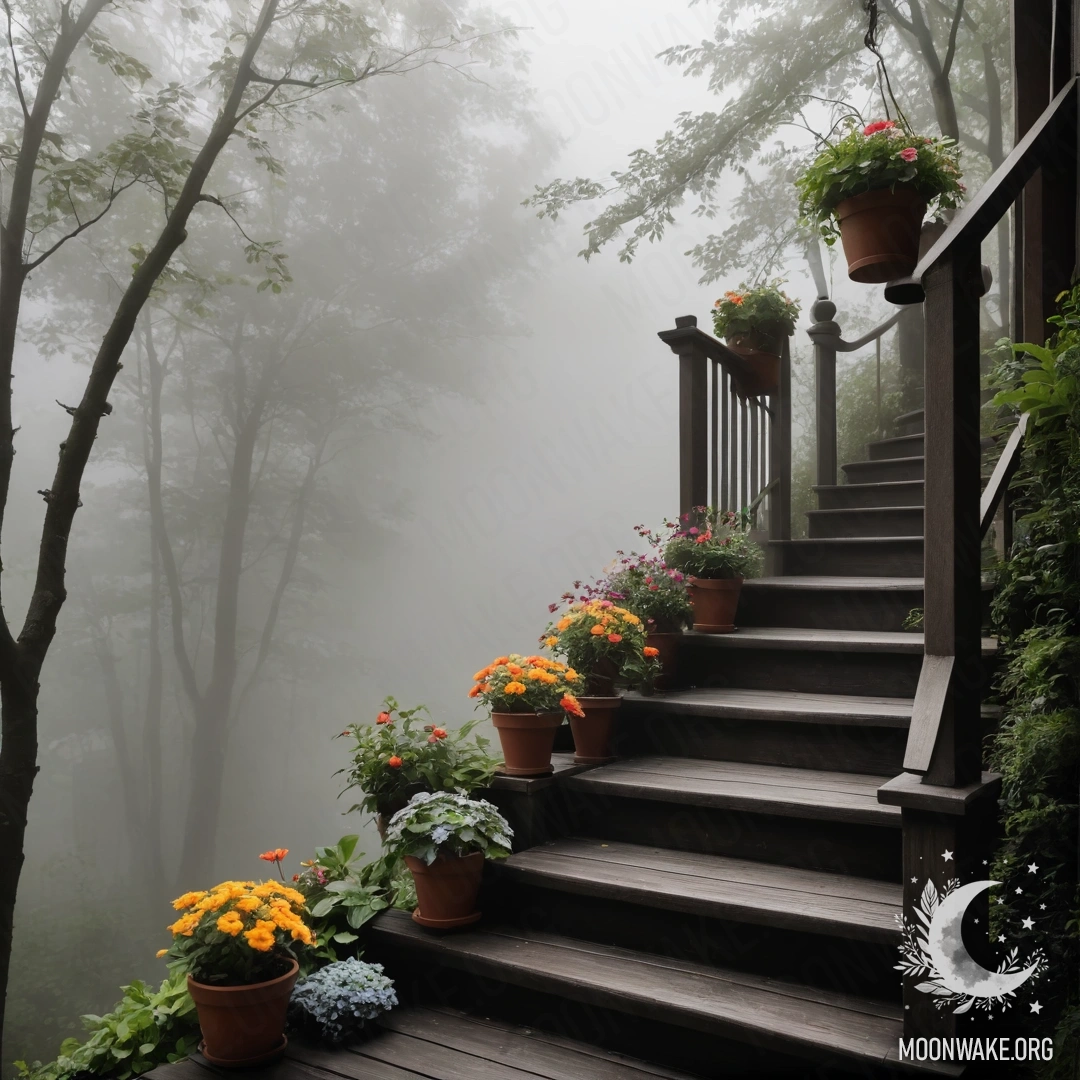 A wooden staircase surrounded by heavy fog with flowerpots placed on it.