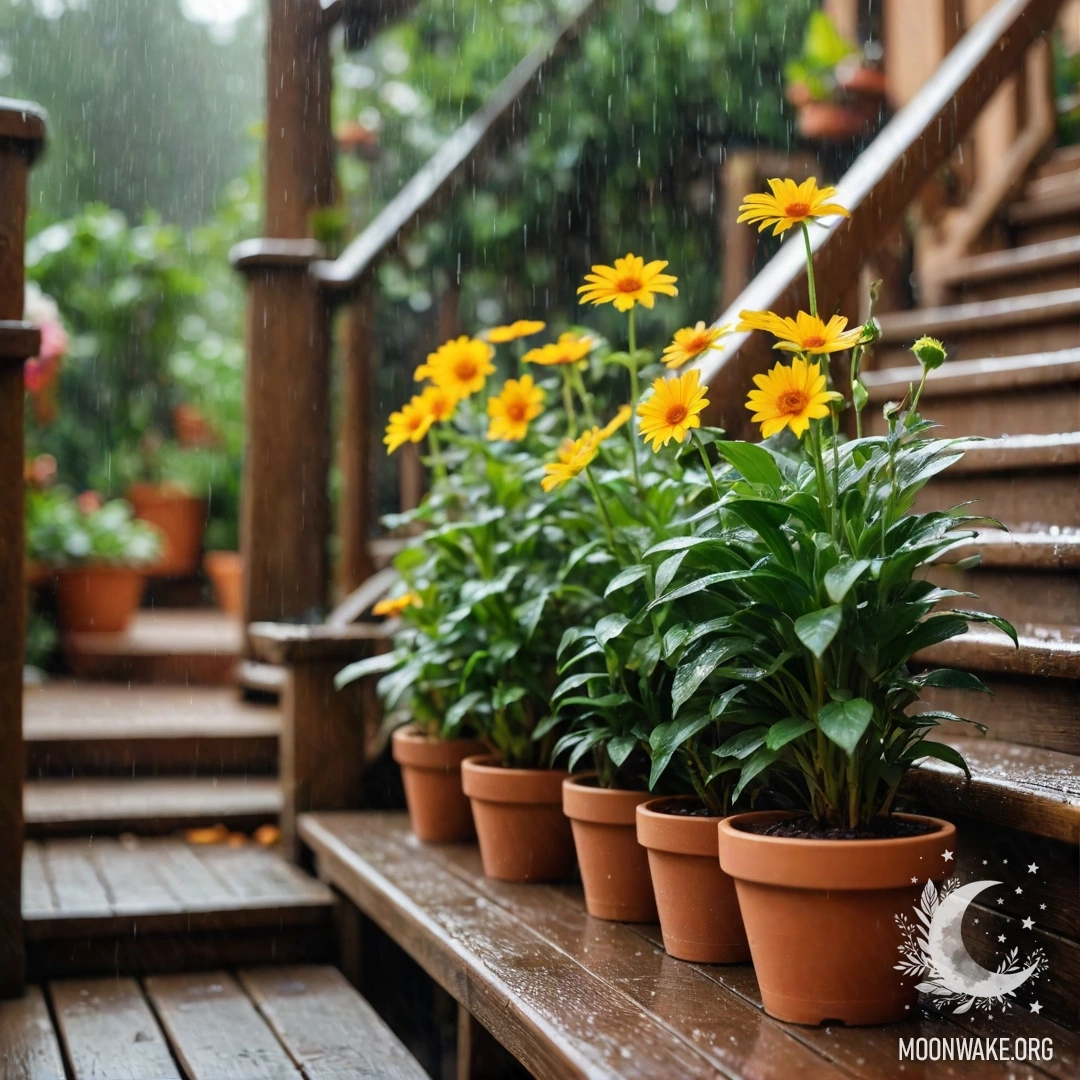 Sweet Rainy Moment on a Staircase Wooden staircase adorned with flowerpots under the rain.