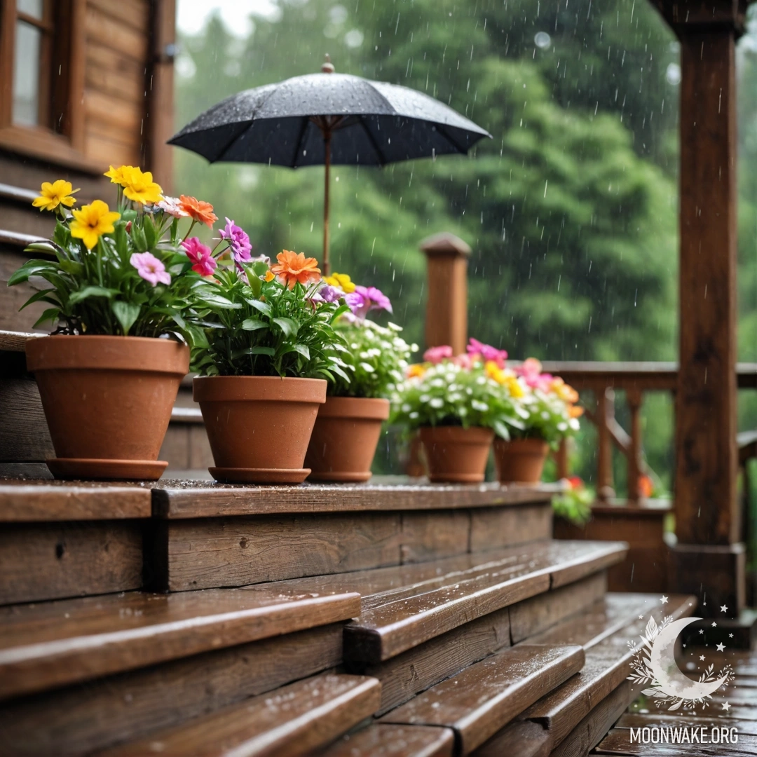 Sweet Rainy Moments on a Wooden Staircase A wooden staircase adorned with flowerpots under the rain.