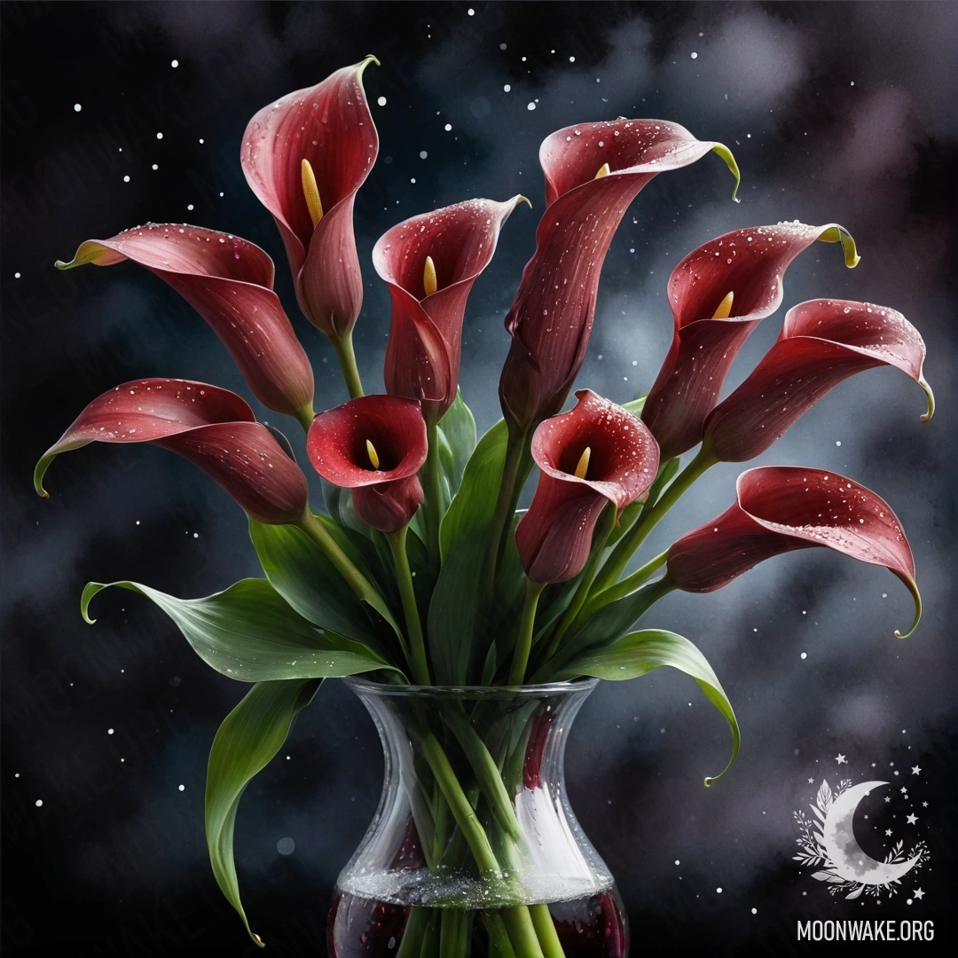 A vase filled with sweet red calla lilies adorned with dew drops at night.