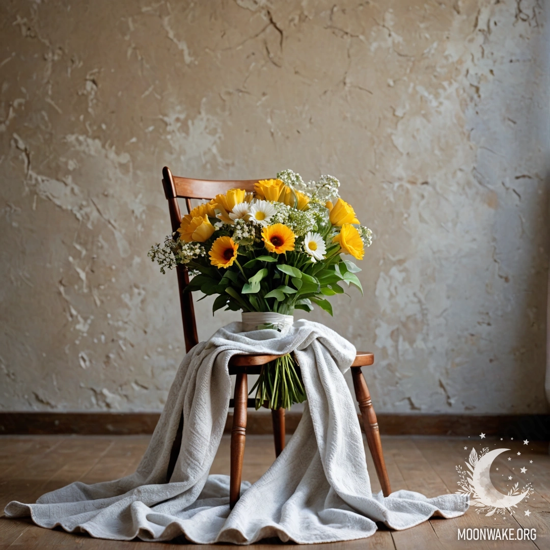 A rustic wooden table with a jar of flowers and bokeh lights in the background during sunset.