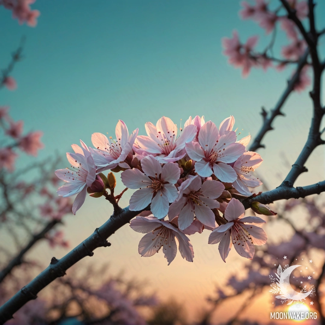 A sweet cherry blossom tree silhouetted against an aquamarine sunset background.
