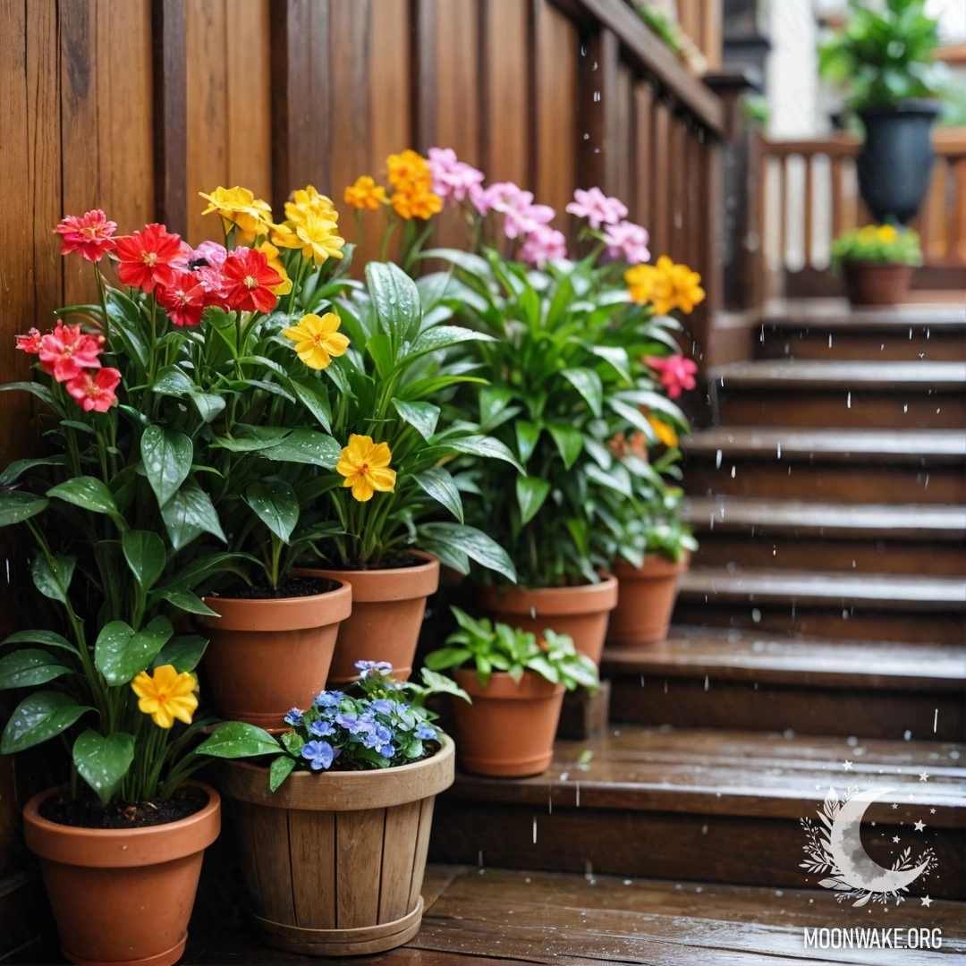 A wooden staircase with flowerpots beneath the rain.