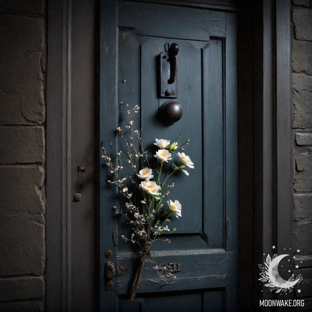 A shabby door adorned with twigs and flowers on the handle at night.
