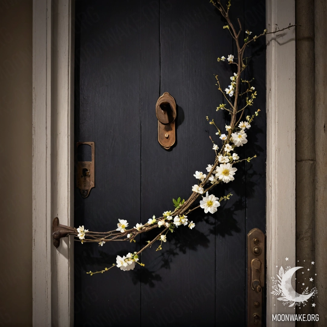 A shabby door adorned with twigs and flowers on the handle.