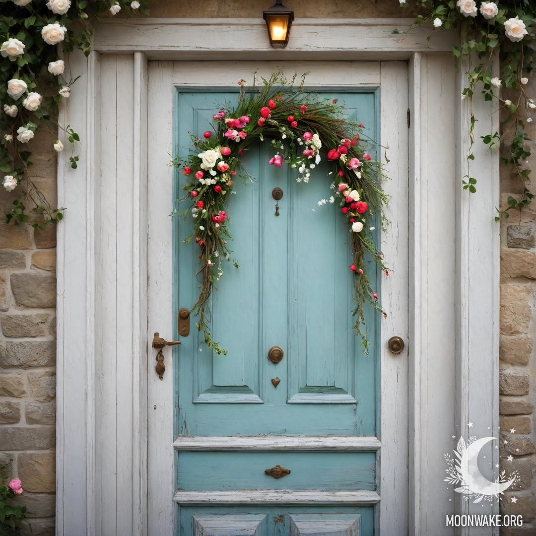 Sweet Shabby Door with Blossoms A photorealistic image of a shabby door adorned with twigs and flowers on the handle, illuminated by a garland light.
