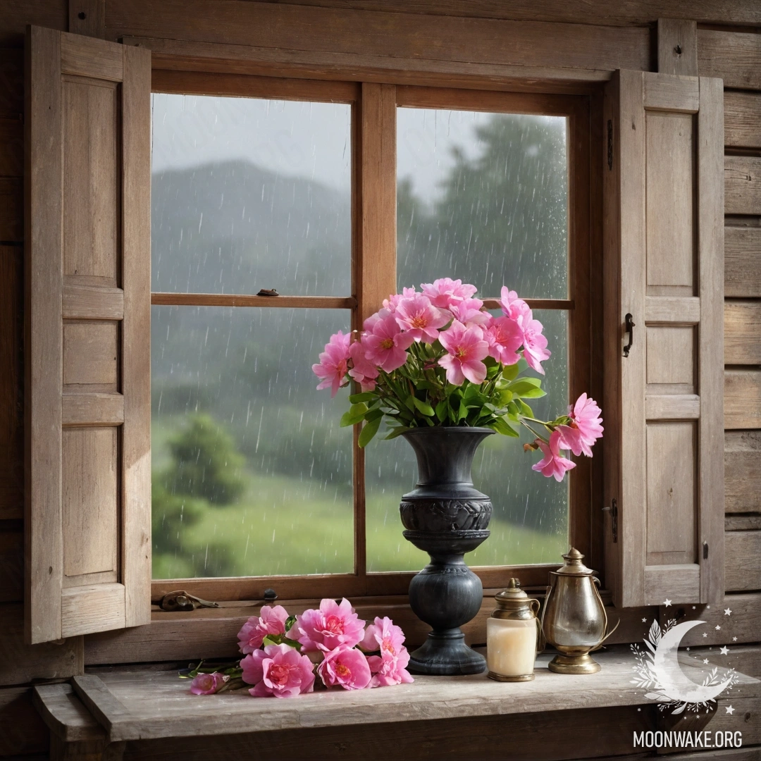 A shabby wooden window with shutters and pink flowers during rain.