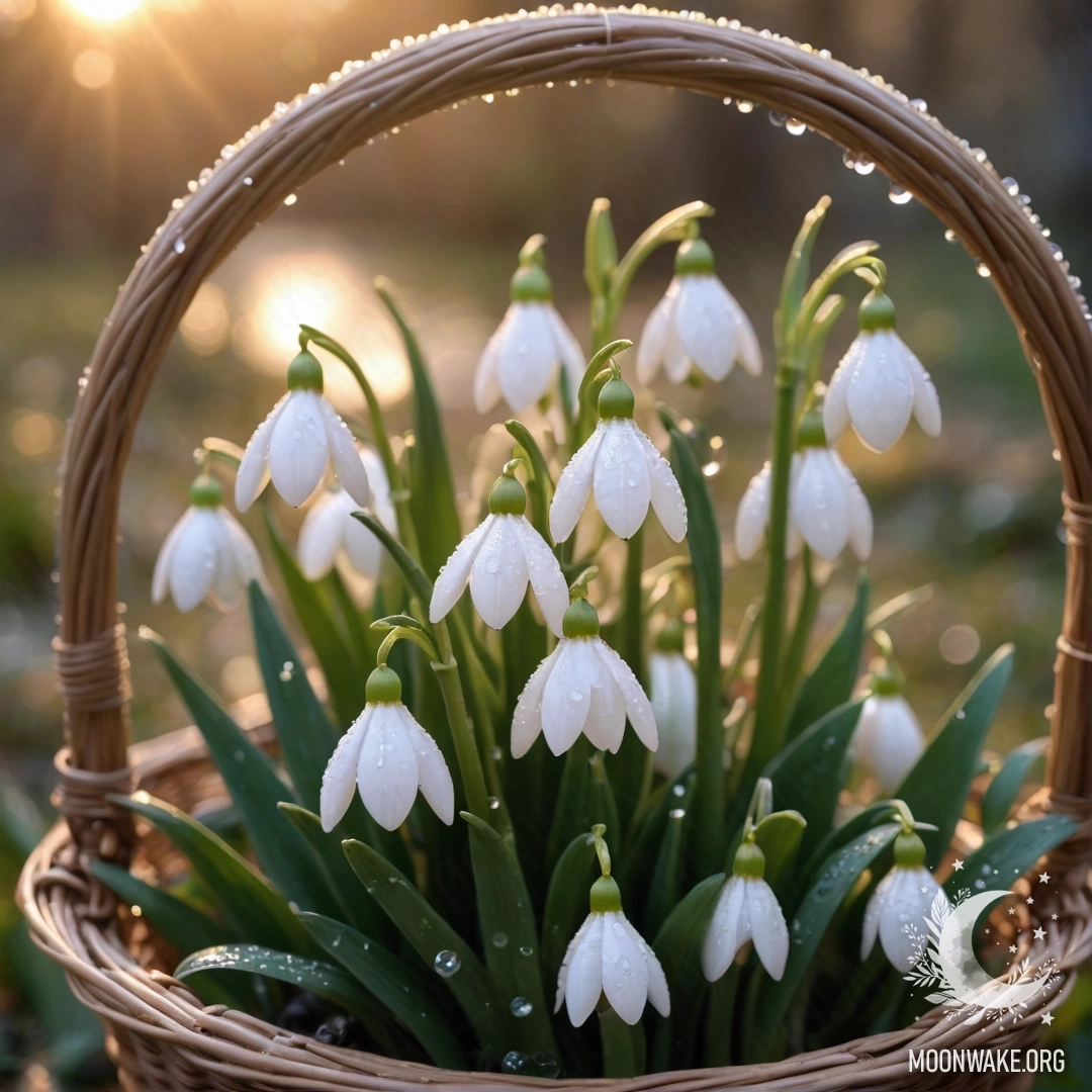 A delicate snowdrop with dew drops sitting in a golden basket at sunset.