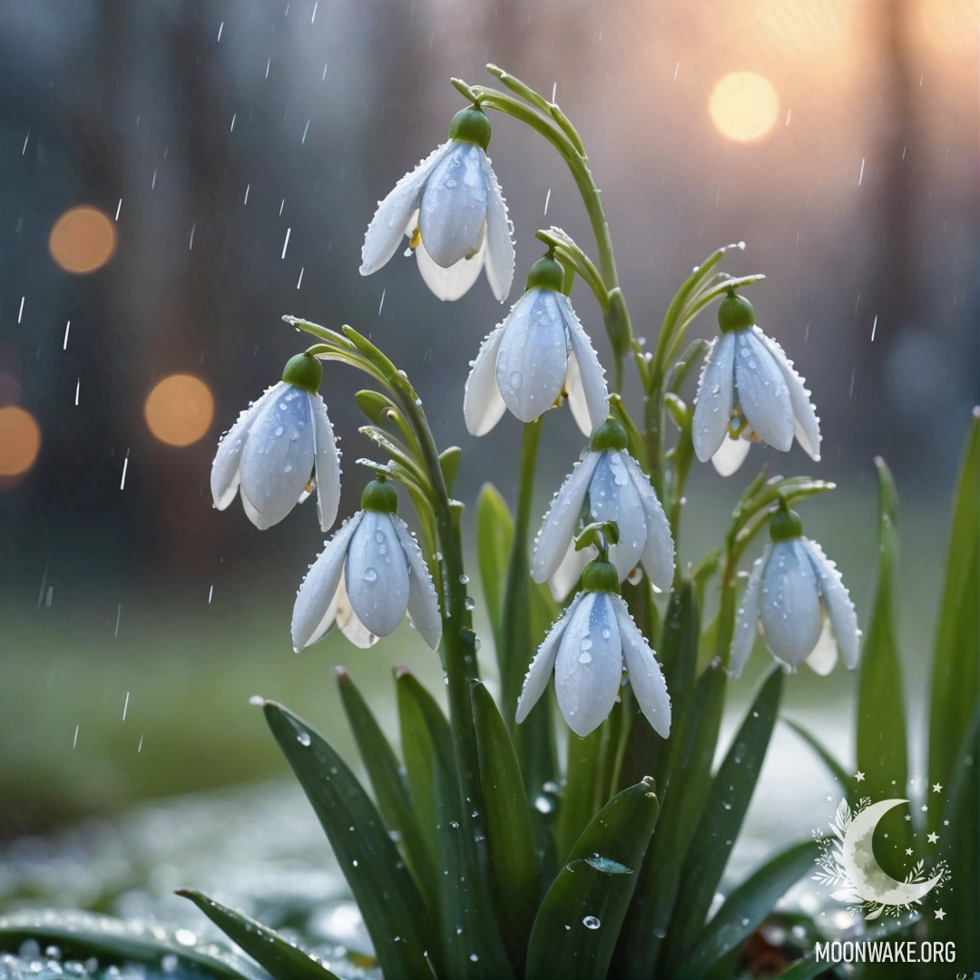A delicate sweet snowdrop flower drenched in rain during sunset.