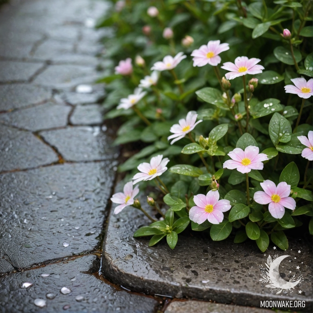 A shabby stone curb with small white and pink flowers growing under the rain.