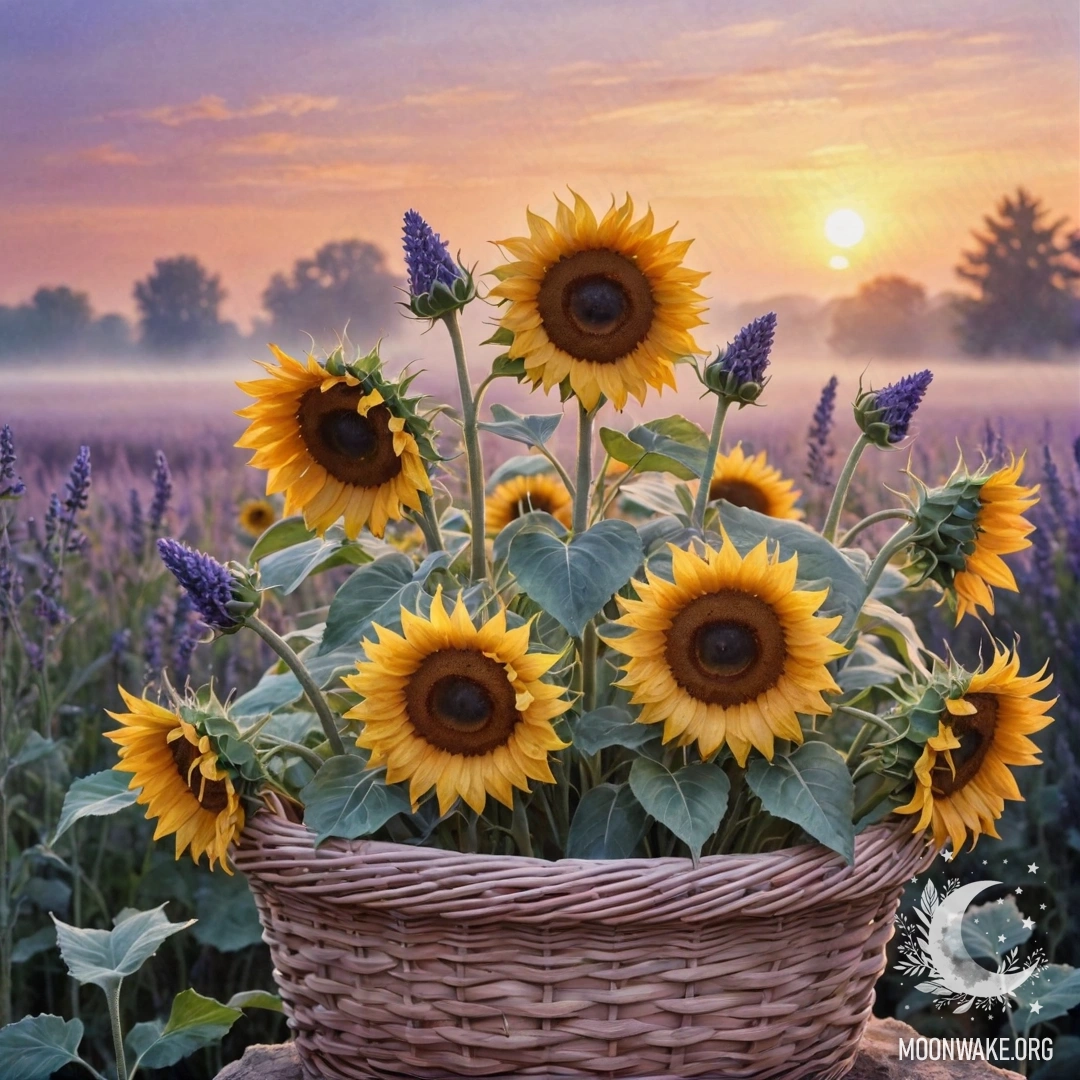 Sweet Sunflowers in a Lavender Basket A watercolor painting of sunflowers in a lavender basket at sunset, surrounded by mist.