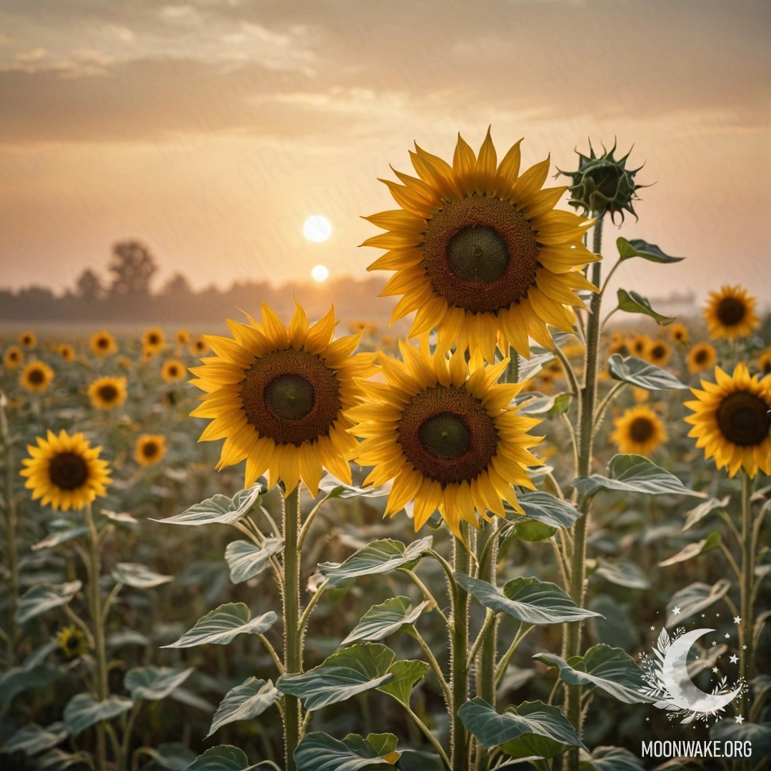 A picturesque scene of sweet sunflowers amidst a misty background at sunset, with golden hues reminiscent of a vintage postcard.