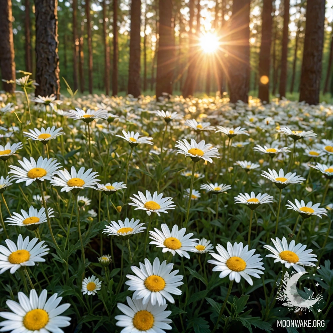 Close-up of daisies with sunlight shining through forest trees at sunset.