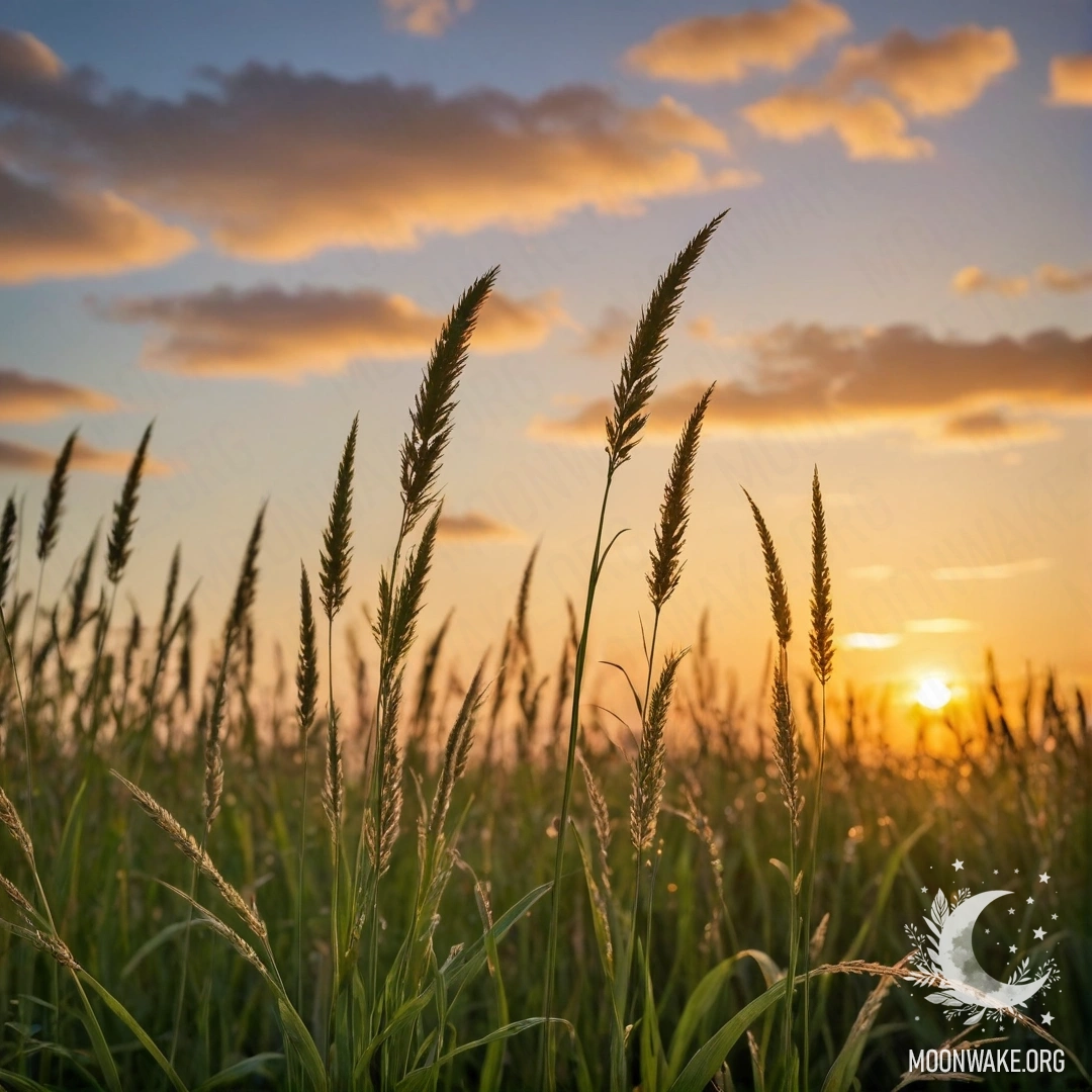 Close-up of sweet field grass against a bokeh sky with clouds at sunset.