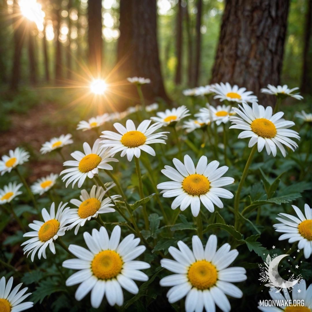 Close-up view of daisies illuminated by garland lights at sunset in a forest.