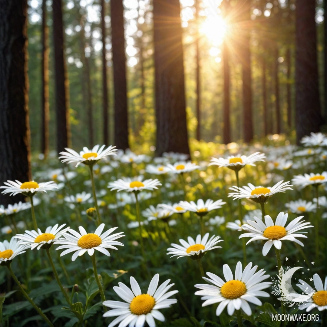 Sweet Sunset Glow Through Forest A close-up of daisies with sun shining through trees during sunset.