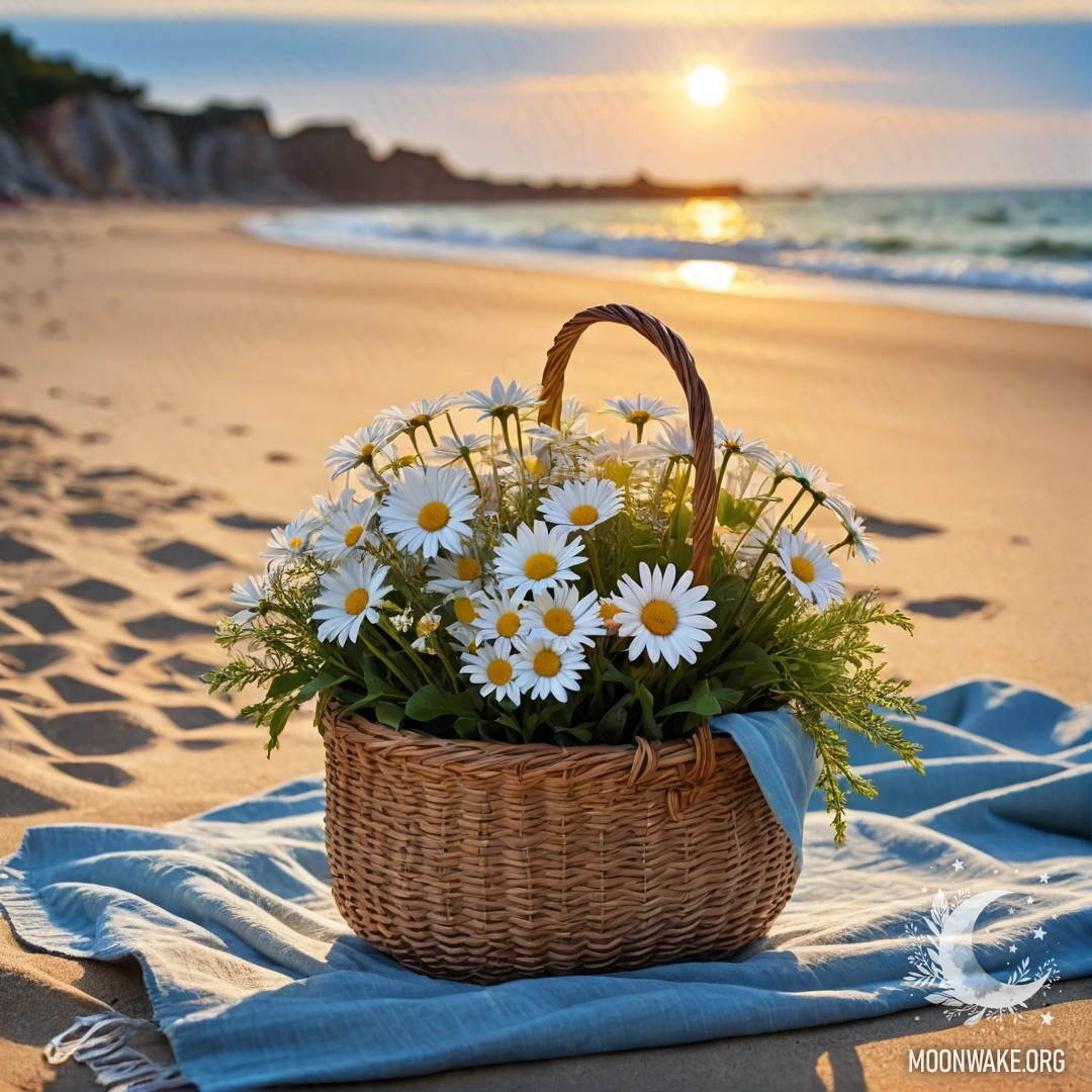 A straw bag with a blue tablecloth and a bouquet of daisies on a sandy beach at sunset, with the sea and sun rays in the background.