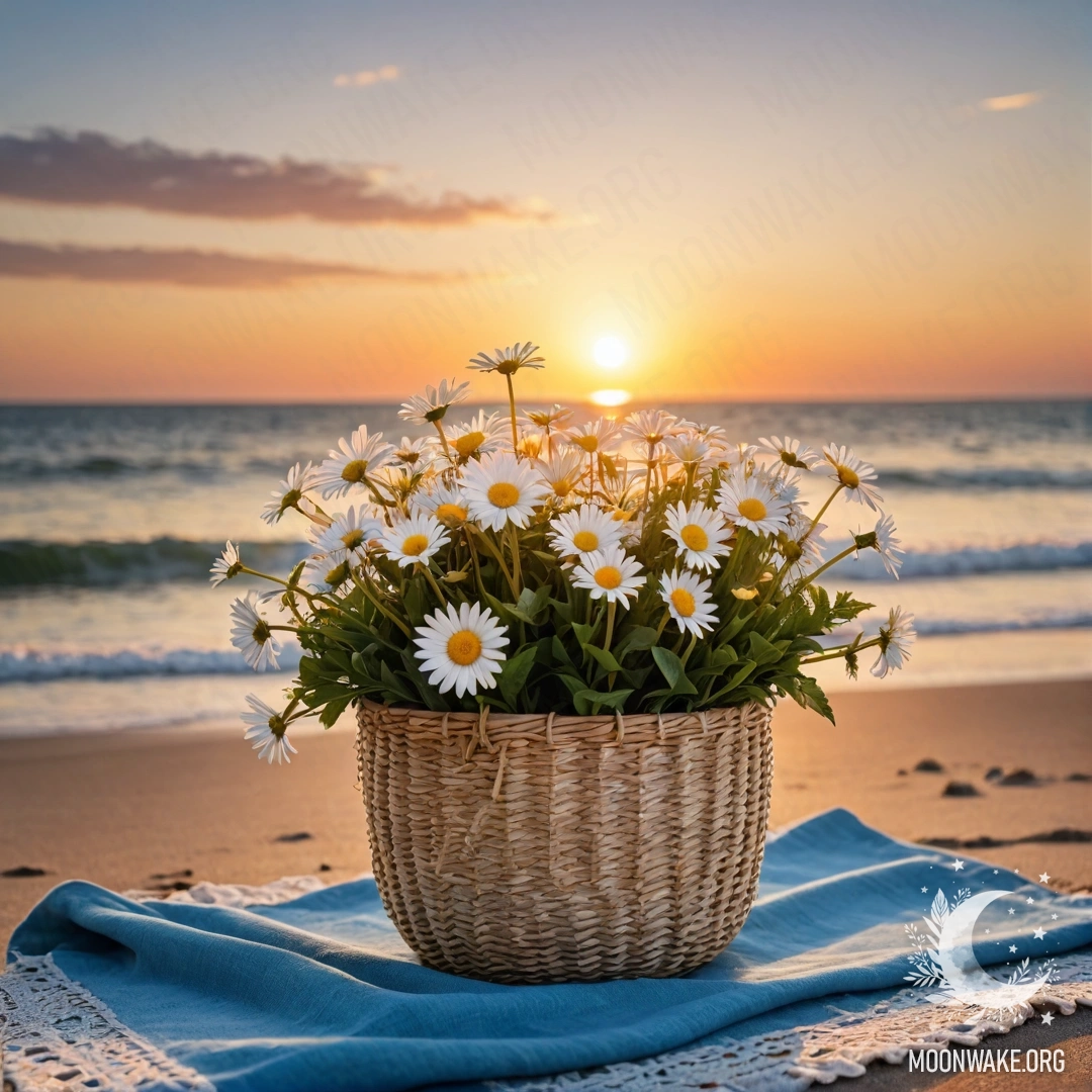 A straw bag with a blue tablecloth and daisies on a sandy beach at sunset.