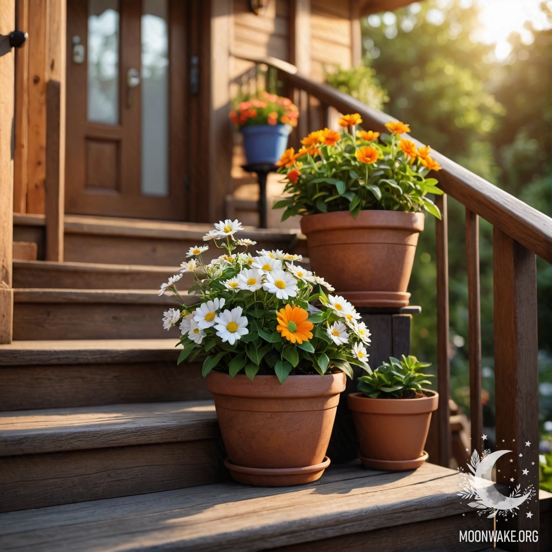 Sweet Sunset on a Wooden Staircase A cozy wooden staircase adorned with flowerpots during sunset.