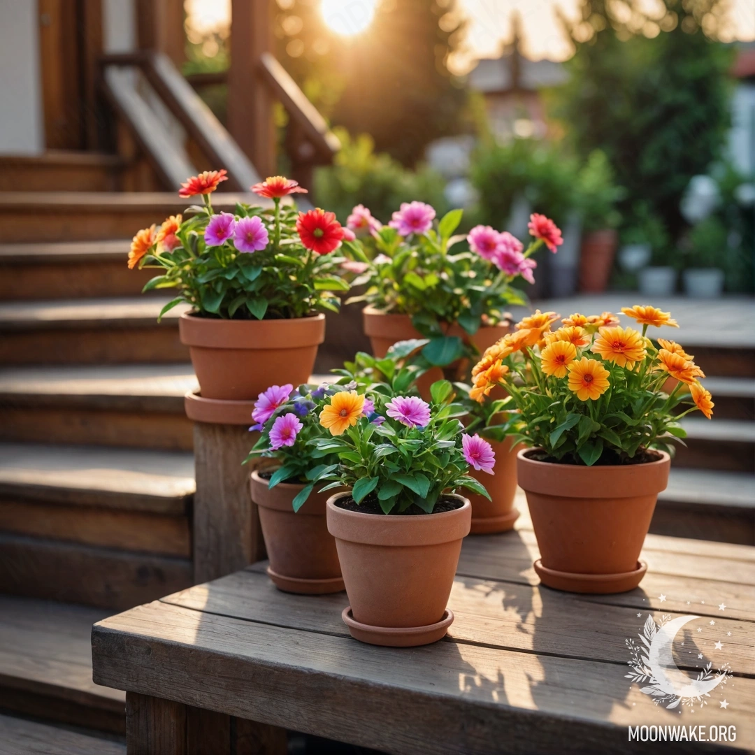 Wooden staircase adorned with flowerpots during sunset.