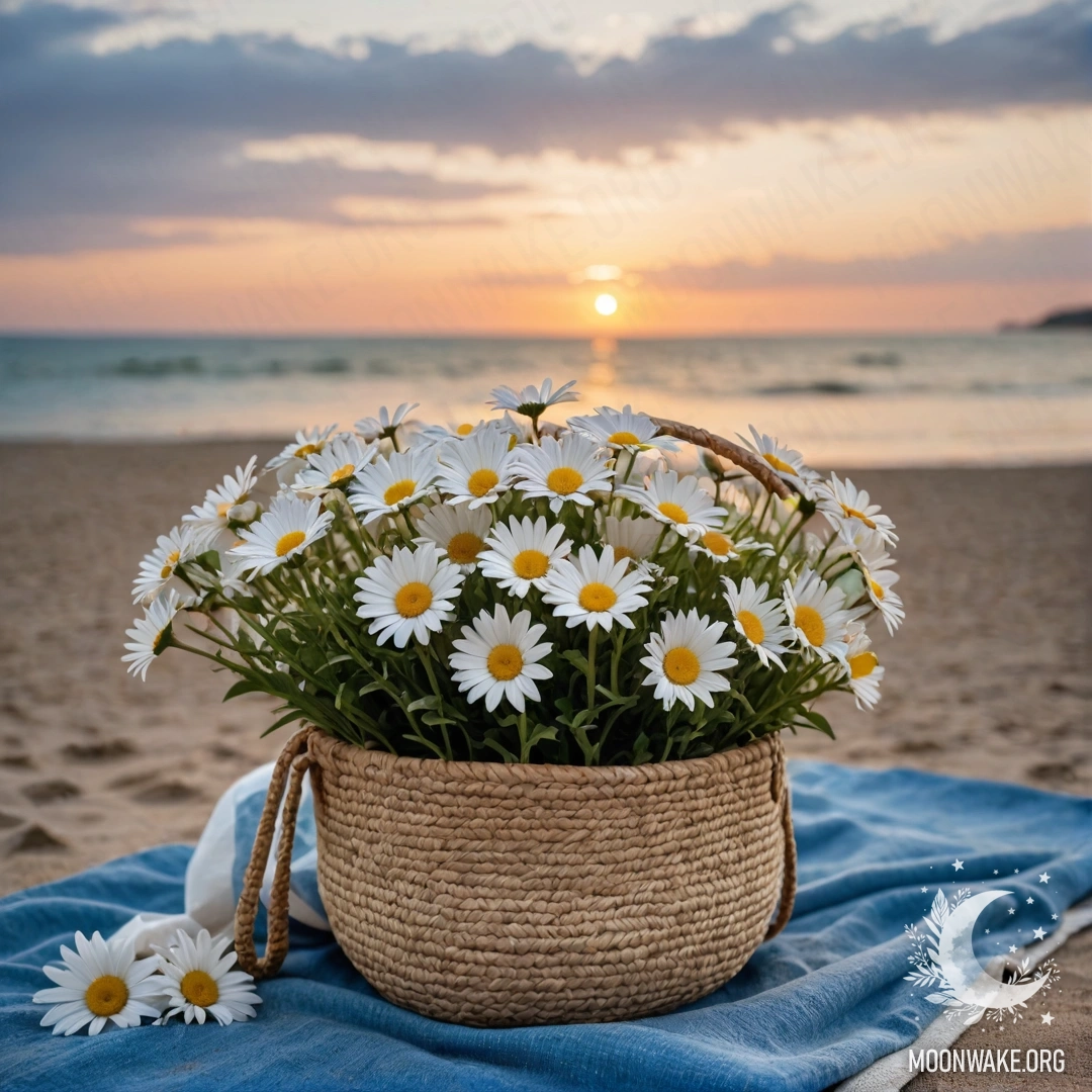 A straw bag filled with a blue tablecloth and daisies on a sandy beach at sunset, with rain in the background.