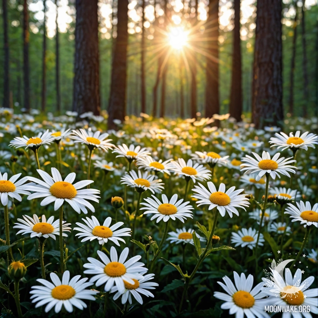 Close-up of daisies illuminated by sunset in a forest setting