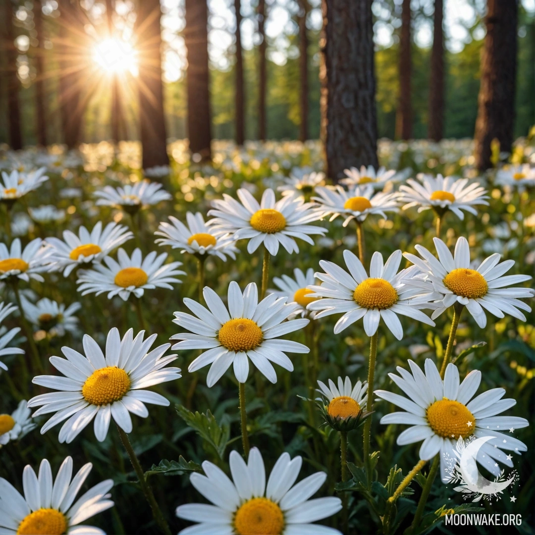 Close-up of daisies with the sun shining through forest trees at sunset.