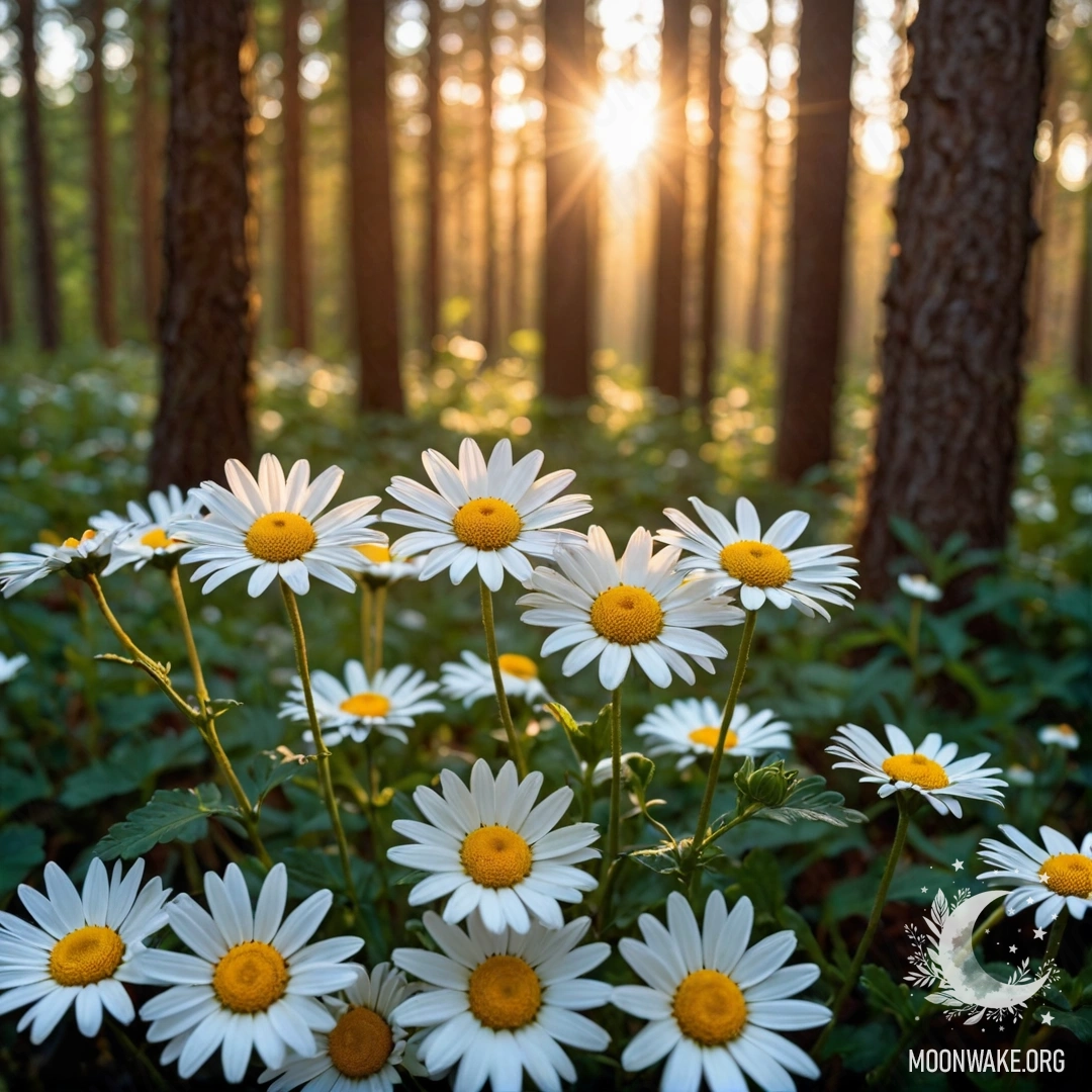 Close-up of daisies illuminated by garland lights, with sun shining through trees in the forest during sunset.