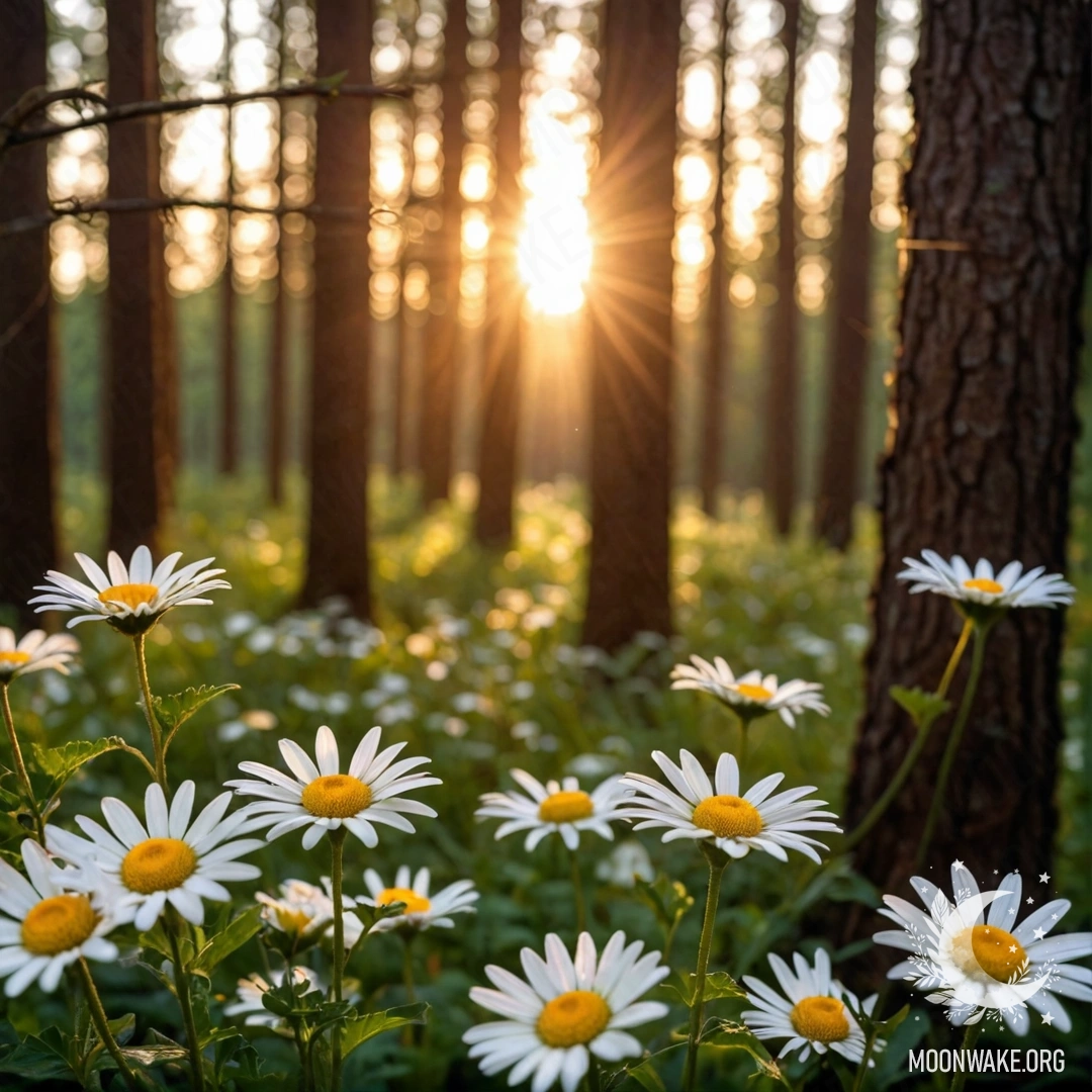 Sweet Sunset Through the Forest Close-up of daisies illuminated by garland light with sunset in the background.