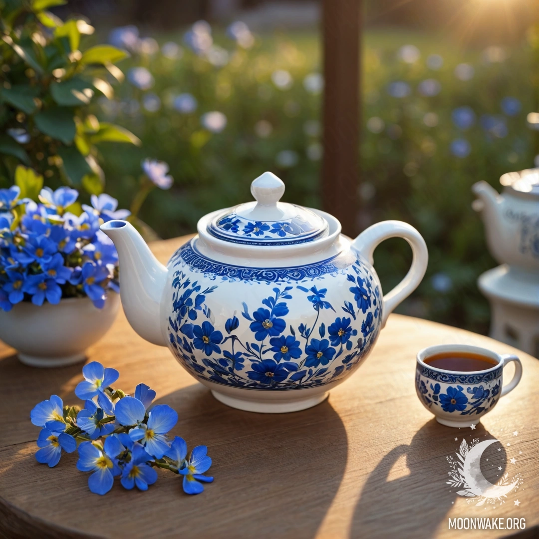 A round wooden table with a porcelain teapot filled with blue flowers, lit by the warm colors of sunset.