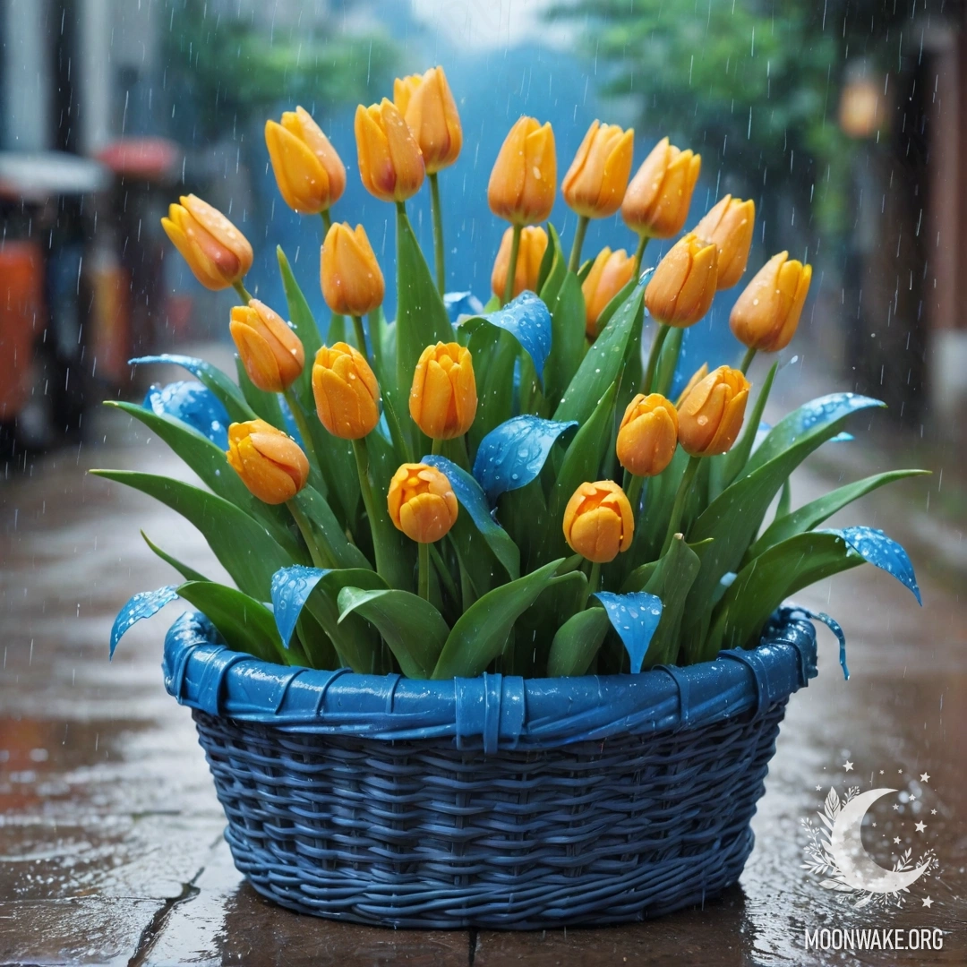 A delicate tulip in a blue basket, illuminated by gentle rain.