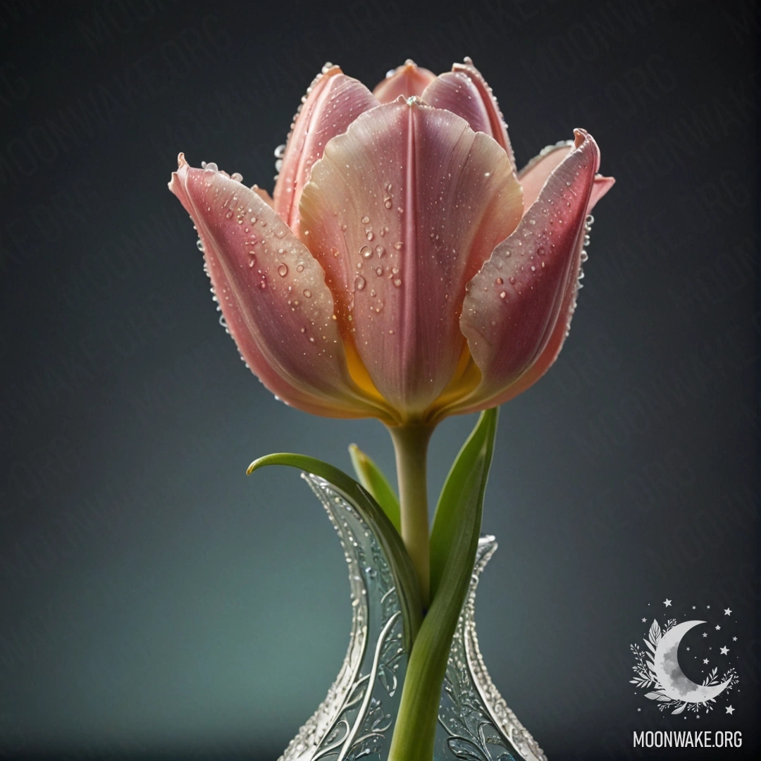 A delicate sweet tulip with dew drops arranged in a pastel-colored vase of Art Nouveau style at night.