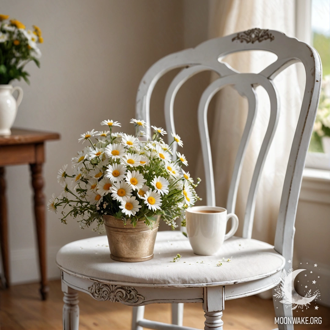 Close-up of a shabby vintage chair with a white fabric, a coffee cup, and a milk bucket with daisies under garland lights.
