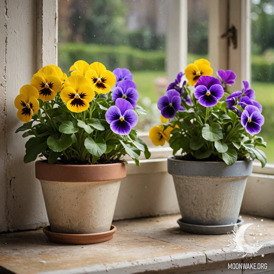 Photorealistic image of vintage flowerpots with pansies on a shabby windowsill.