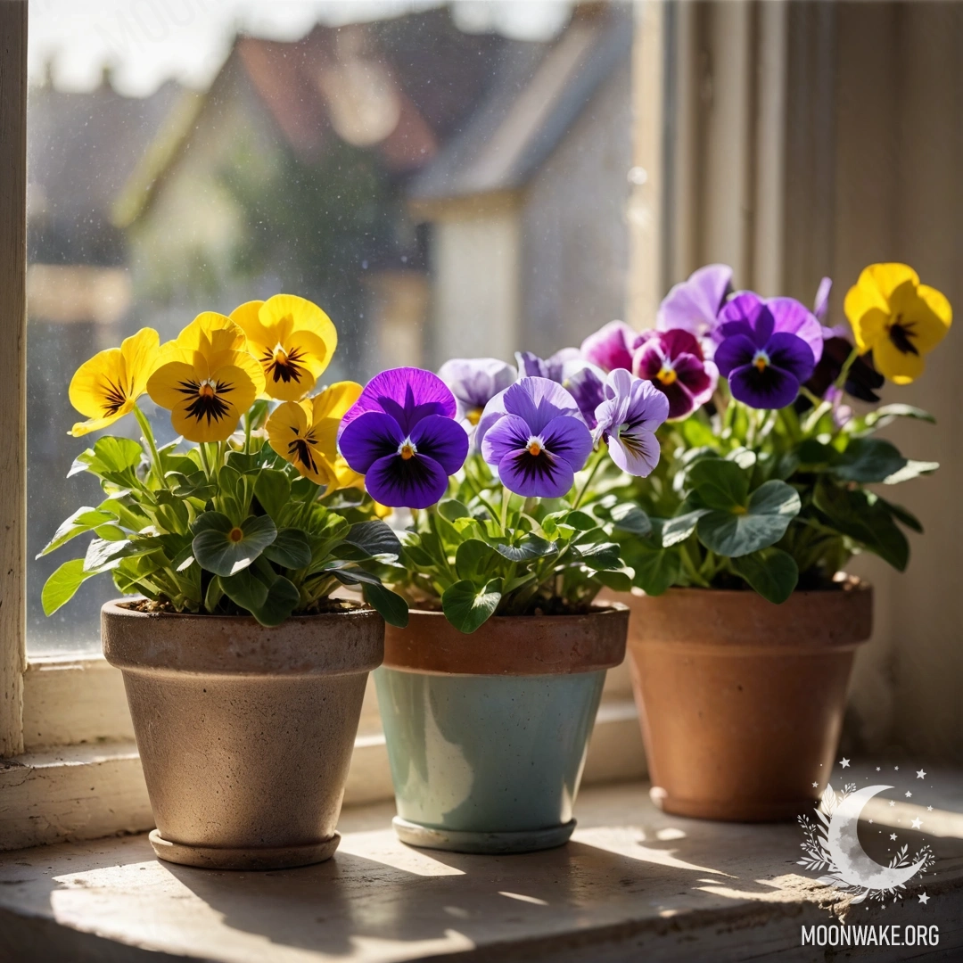 A collection of vintage flowerpots with pansies basking in sun rays on a shabby windowsill.